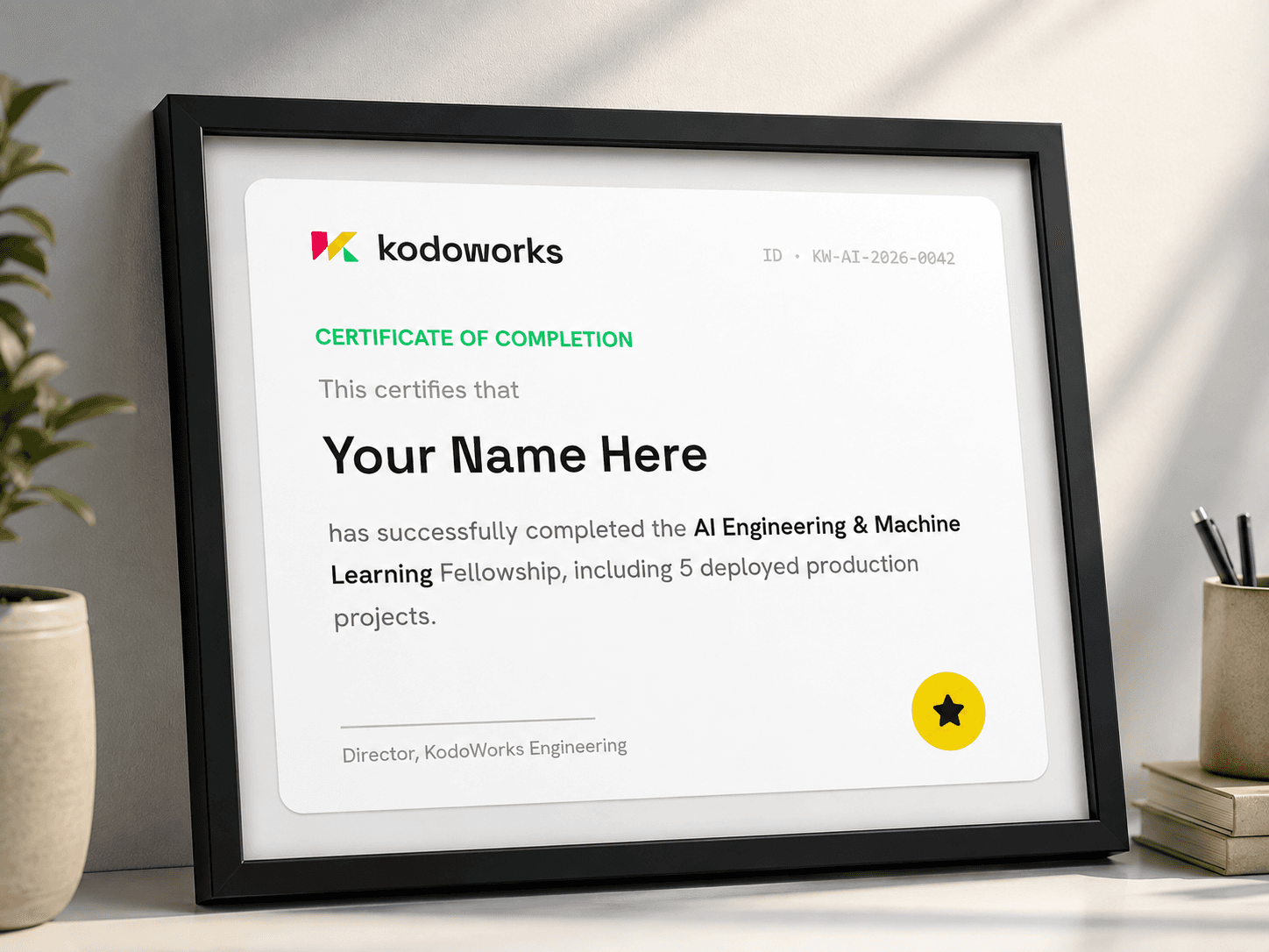 A framed KodoWorks certificate of completion